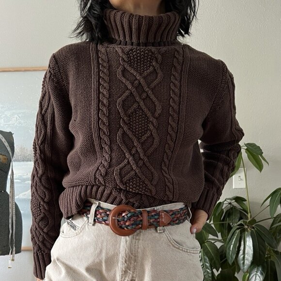 Eddie Bauer TurtleNeck Sweater Women L Brown Cotton Cable Knit Chunky Minimalist - Picture 1 of 8